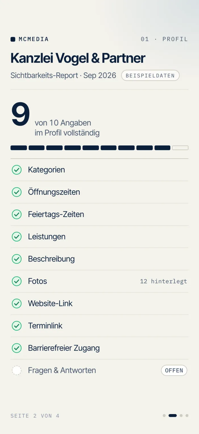 Zweite Report-Seite der Beispiel-Kanzlei: Checkliste des Google-Unternehmensprofils mit neun von zehn erledigten Angaben (Beispieldaten)